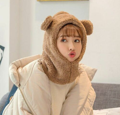 Warm Hats Winter Cute Bear Ears Windproof Neck Scarf Cap Student Women Cashmere