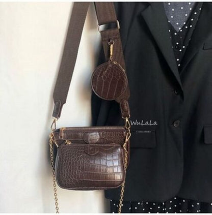 Vintage Shoulder Bag Wide Strap Crocodile Print Crossbody Bag 120CMChain Leather