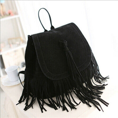 Women Tassel Backpacks Girls Suede Shoulder School Bags Travel Backbags
