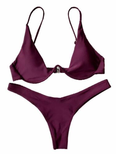 Women Swimsuit V-bar Underwired Ribbed Thong Swimwear Two-pieces Bikini Push Up