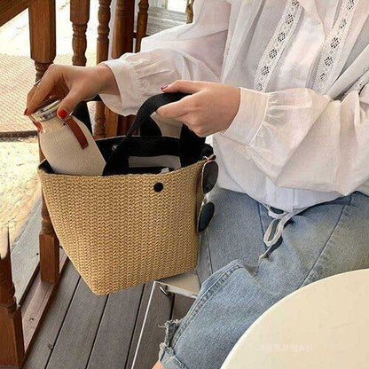 Straw Bag Handmade Woven Basket Tote Bohemian Beach Bag Canvas Handbag Polyester