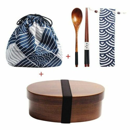 Wooden Lunch Box Picnic Japanese Bento School Kids Dinnerware Set Bag Spoon Fork