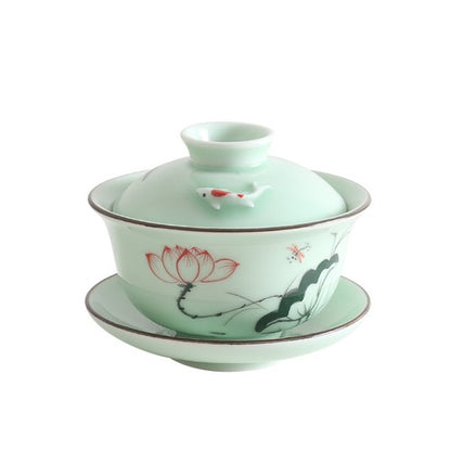 Longquan Celadon Porcelain Gaiwan Ceramic Fish Relief Handpainted Tureen Saucer