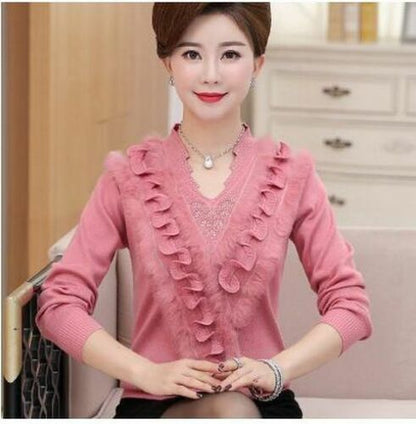 Women Sweater Cashmere Woolen Plus Size Embroidering Diamond - Studded Pullover