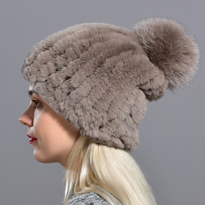 Hot Sale Knitted Pompom Hats Women Beanies Elastic Rabbit Fur Caps Real Fur Hats