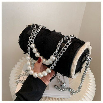 Pearl Chain Shoulder Bag Handbag Messenger Hand Cylinder Bag Purse 21*10*10 CM