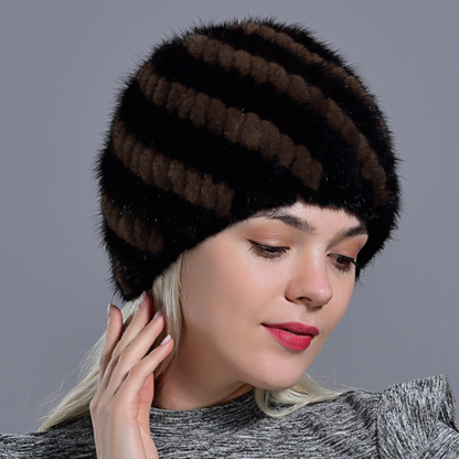 Women Mink Fur Hats Natural Real Fur Knitted Cap Fluffy Fur Beanie Black Fur Cap