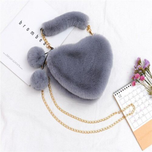 Faux Fur Winter Women Handbag Cute Heart Shaped Shoulder Bag Purse Messenger Bag