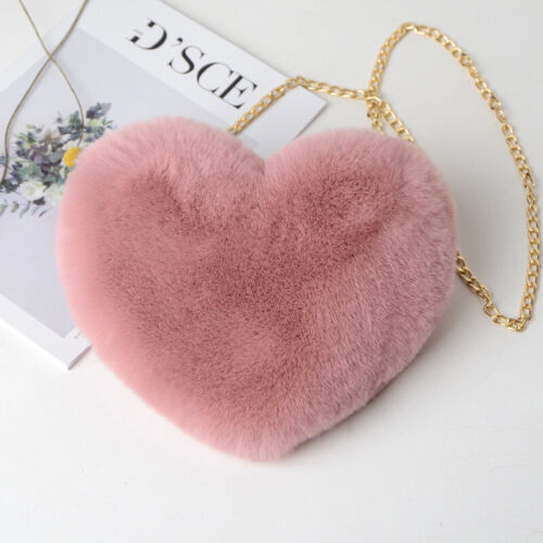 Womens Heart Shape Faux Fur Bag Shoulder Handbag Crossbody Bag Purse Zipper
