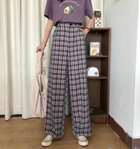 Women Pants Street Simple Vintage Plaid Causal Long Fashion Straight Wide Leg