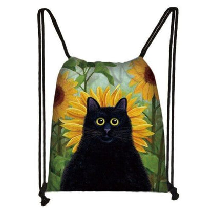 Black Cat Drawstring Bag Women Shopping Purse Canvas Travelling Bag Backpack 1PC