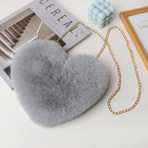 Womens Heart Shape Faux Fur Bag Shoulder Handbag Crossbody Bag Purse Zipper