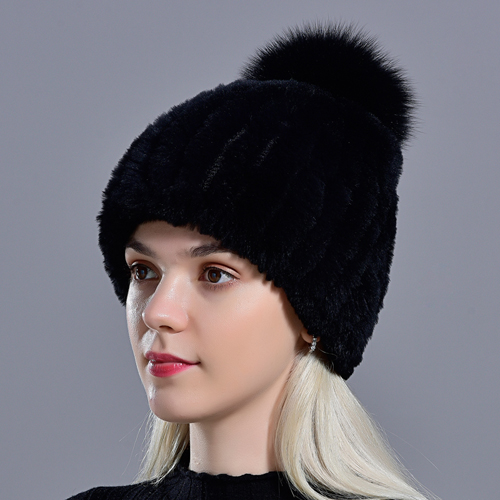 Hot Sale Knitted Pompom Hats Women Beanies Elastic Rabbit Fur Caps Real Fur Hats