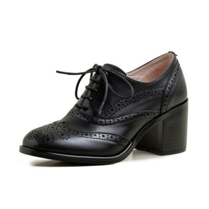 Womens Lace Up Round Toe Pumps Brogue Wing Tip Oxford College Style Casual Shoes