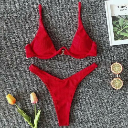 Women Swimsuit V-bar Underwired Ribbed Thong Swimwear Two-pieces Bikini Push Up