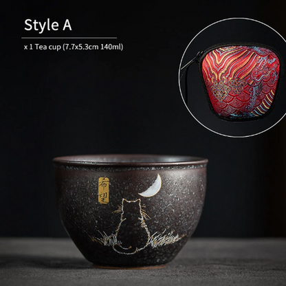 Lovely Cat Black Ceramic Tea Cup Asia Tea Cup for Tea Lover 140ml