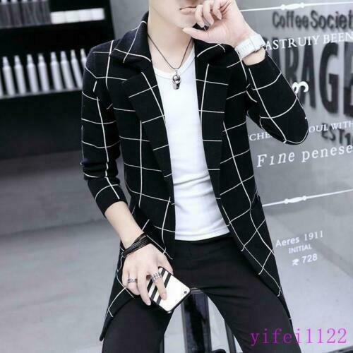 Mens Kint Cardigan Sweater Checks Korean Long Slim Lapel Outwears Coats Jackets