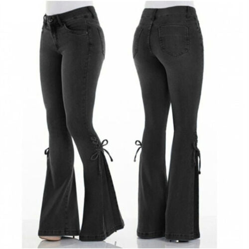 Slim Fit Trousers Womens Bowknot Flared Jeans Bell Bottoms Stretch Denim Pants