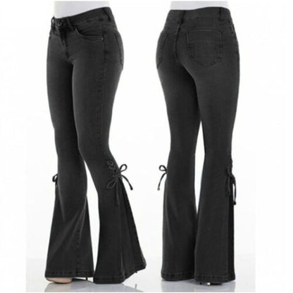 Slim Fit Trousers Womens Bowknot Flared Jeans Bell Bottoms Stretch Denim Pants