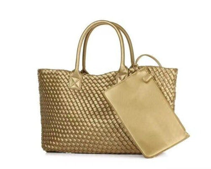 Tote Synthetic Leather Knitting Shoulder Shopper Bag Woven Large Purse Black 1PC