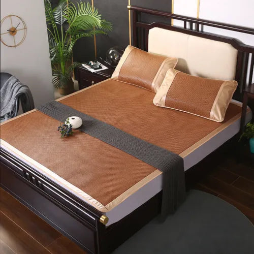 Summer Sleeping Rattan Bed Mat Foldable Nature Bamboo Cool Bed Mat +Pillowcase