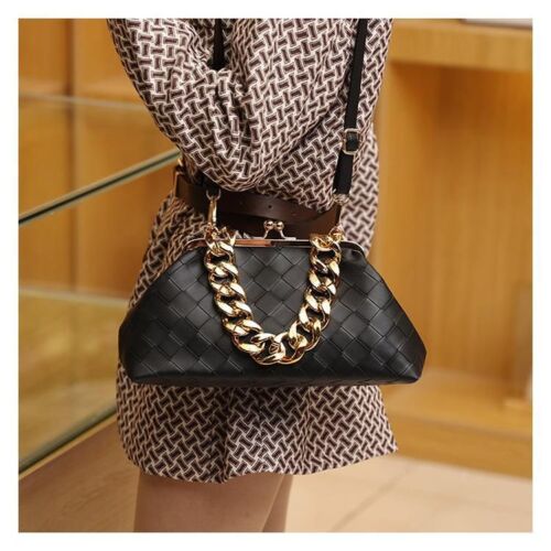 Leather Weave Handbag Thick Chain Handle Dumpling Shape Crossbody Purse 32*15*11