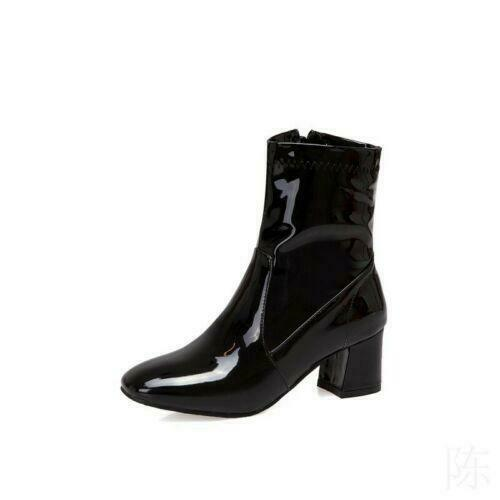 Women's Square Toe Ankle Boots Patent Leather Chunky Heels Leisure Zip Shoes New
