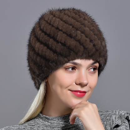 Women Mink Fur Hats Natural Real Fur Knitted Cap Fluffy Fur Beanie Black Fur Cap