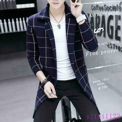 Mens Kint Cardigan Sweater Checks Korean Long Slim Lapel Outwears Coats Jackets