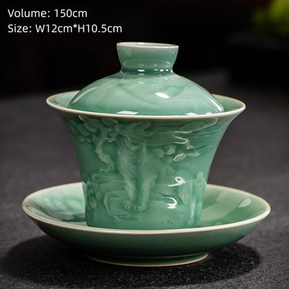 boutique gaiwan longquan celadon porcelain tureen shadow carved Sancai bowl lid