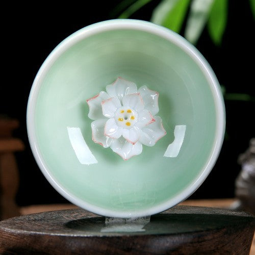 55ml Chinese Porcelain Tea Cup Ceramic Cup Lotus Carved Longquan Celadon Teacups
