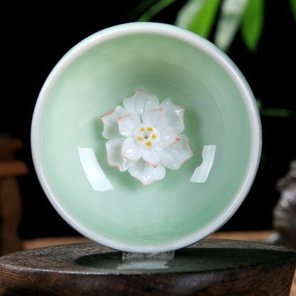 55ml Chinese Porcelain Tea Cup Ceramic Cup Lotus Carved Longquan Celadon Teacups