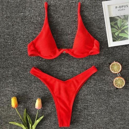 Women Swimsuit V-bar Underwired Ribbed Thong Swimwear Two-pieces Bikini Push Up