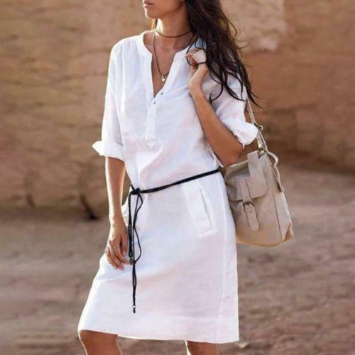 Sexy Lady Button Long Tops Tunic Linen Boho Ladies Casual Beach Shirt Dress New