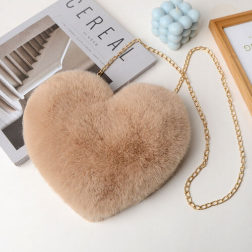 Womens Heart Shape Faux Fur Bag Shoulder Handbag Crossbody Bag Purse Zipper