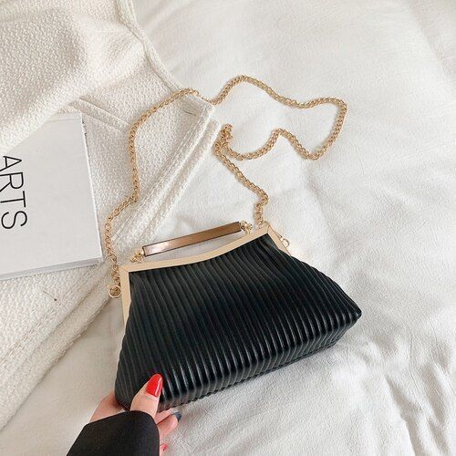 Handbag Mental Handle Pleated Shell Bag Clutch Purse Crossbody 14*23*9 CM Purse