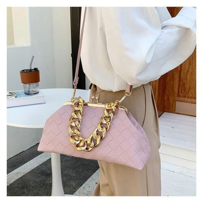 Leather Weave Handbag Thick Chain Handle Dumpling Shape Crossbody Purse 32*15*11