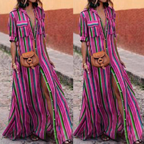 Women's button stripe casual loose long-sleeved shirt dress fashion