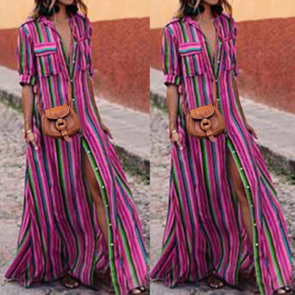 Women's button stripe casual loose long-sleeved shirt dress fashion
