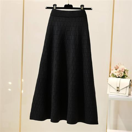 Elastic High Waist Knitted Skirt Women Plaid Solid Color A-line Bag Hip Skirt
