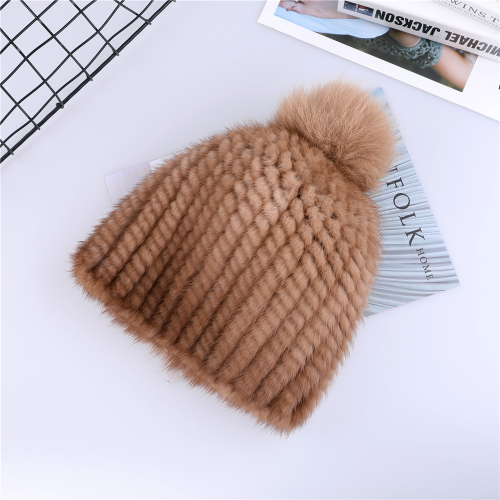 Real Mink Fur Hat Women Knitted Beanie Cap with Fur Pom Poms Thick Cap Elastic