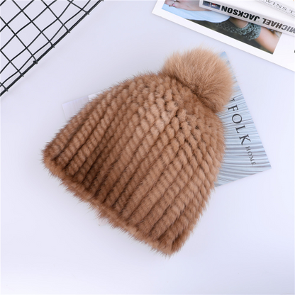Real Mink Fur Hat Women Knitted Beanie Cap with Fur Pom Poms Thick Cap Elastic