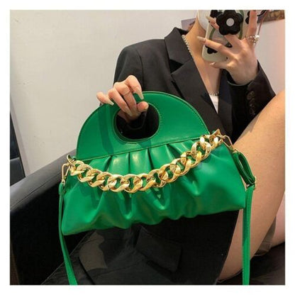 Handbag Thick Chain Handle Pleated Shell Bag Clutch Purses Crossbody Long Belt
