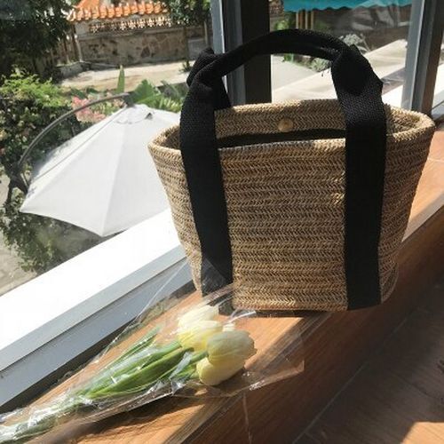 Straw Bag Handmade Woven Basket Tote Bohemian Beach Bag Canvas Handbag Polyester