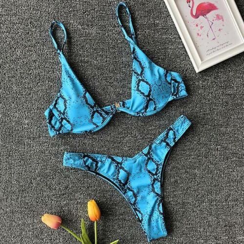 Women Swimsuit V-bar Underwired Ribbed Thong Swimwear Two-pieces Bikini Push Up