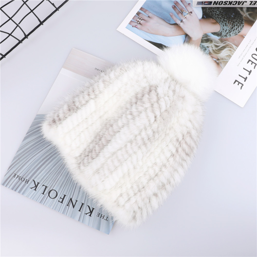 Real Mink Fur Hat Women Knitted Beanie Cap with Fur Pom Poms Thick Cap Elastic