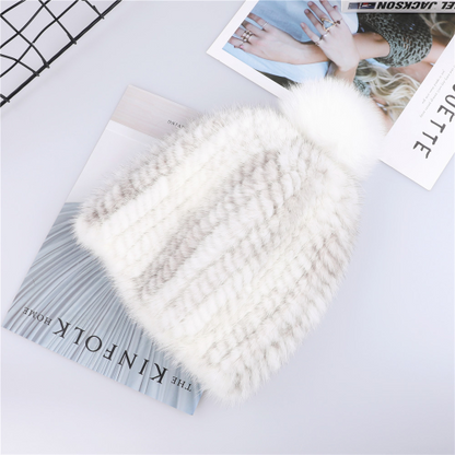 Real Mink Fur Hat Women Knitted Beanie Cap with Fur Pom Poms Thick Cap Elastic