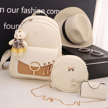 Leather Three Piece Backpack Sets Women Fashion Leather Backpack Card Holder 1PC