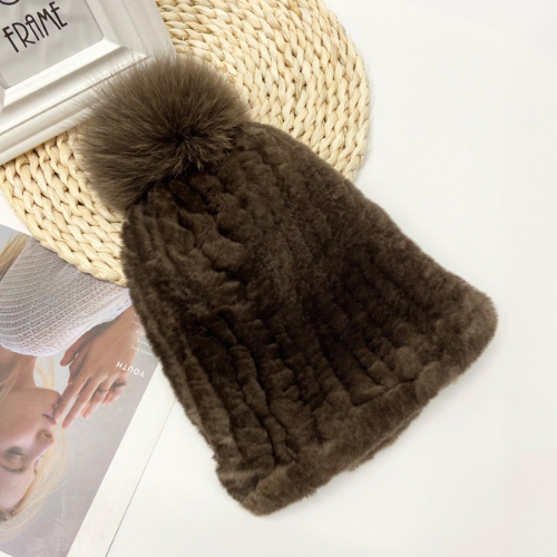 Hot Sale Knitted Pompom Hats Women Beanies Elastic Rabbit Fur Caps Real Fur Hats