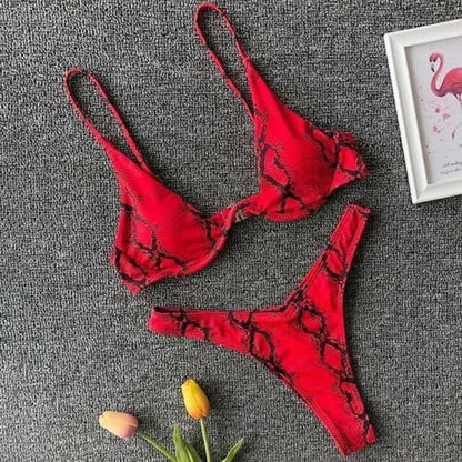 Women Swimsuit V-bar Underwired Ribbed Thong Swimwear Two-pieces Bikini Push Up